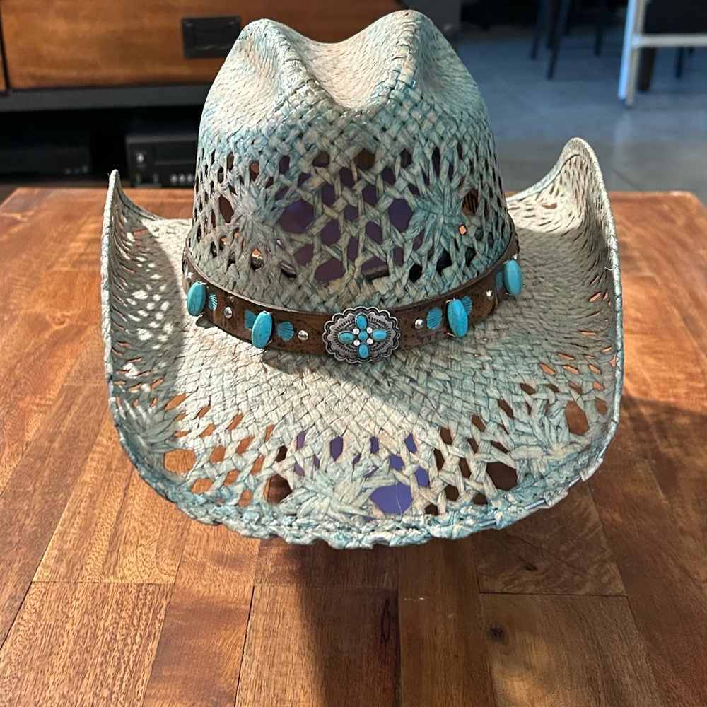 Tan and Blue Openwork Crocheted Hat